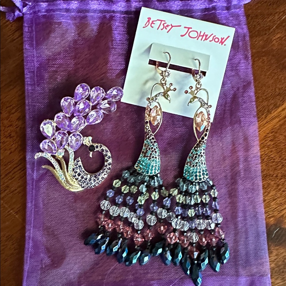 NWT Peacock bundle Betsey Johnson earrings and elegant purple peacock brooch
